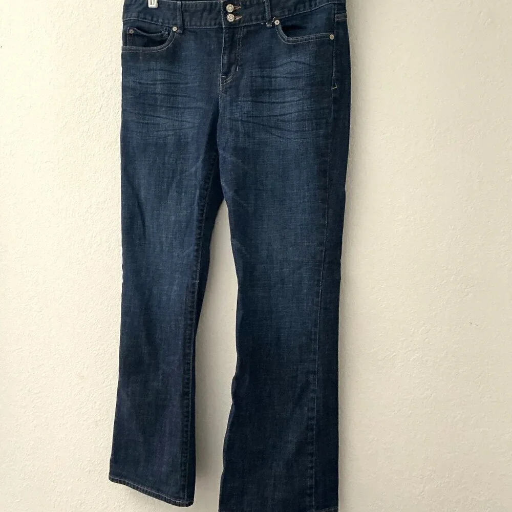 GAP ESSENTIAL BOOTCUT JEANS SIZE 14 / 32R DARK WASH DOUBLE BUTTON STRETCH GREAT